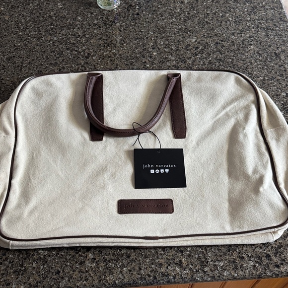 NEW John Varvatos Beige and Dark Brown Canvas Weekend Bag - Picture 1 of 6